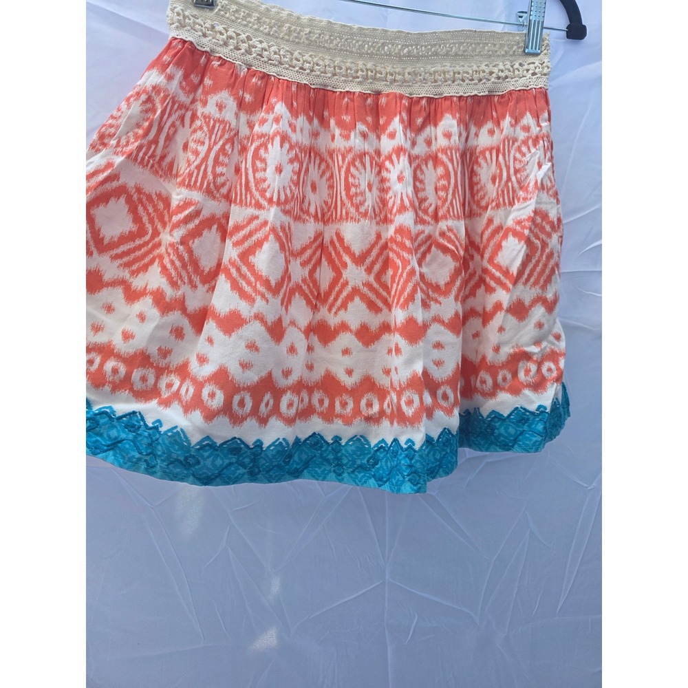 American Eagle Outfitters Ikat Tribal Mini Skirt Orange Teal Crochet Lace Med M - Picture 2 of 6